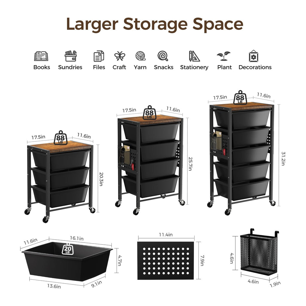 3 Drawer Rolling Cart with Lockable Wheels and Wooden Tabletop U973883