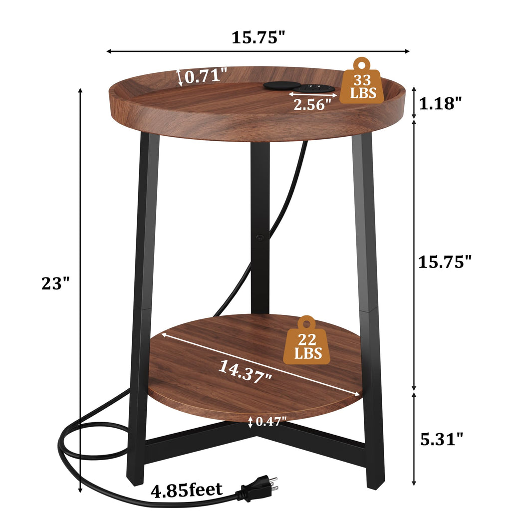 Round Industrial Side Table with Charging Station, 2-Tier Metal Frame E3489