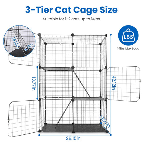 3 Tier Metal Cat Playpen Cage with 3 Doors 2 Ladders Y717046