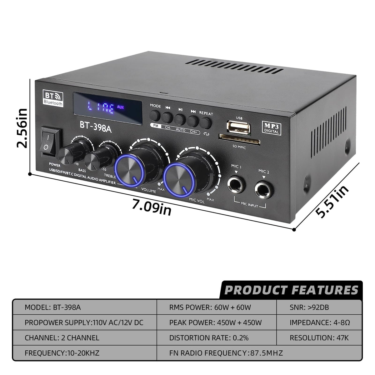 Bluetooth 5.0 Stereo Receivers, 2 Channel 450W Home Amplifier L150628