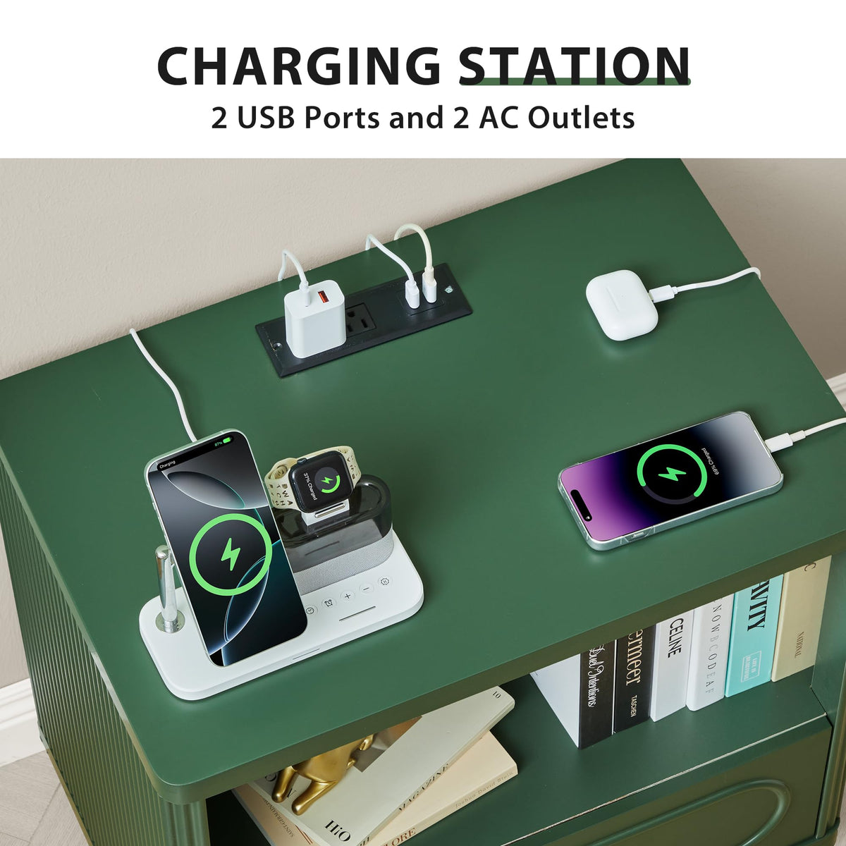 Green Fluted Nightstand Set of 2 with Charging Station E2686