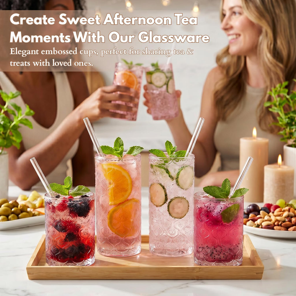 Pink Floral Embossed 12 Oz Highball & 10 Oz Cocktail Glasses Set of 8 with Straws M420268