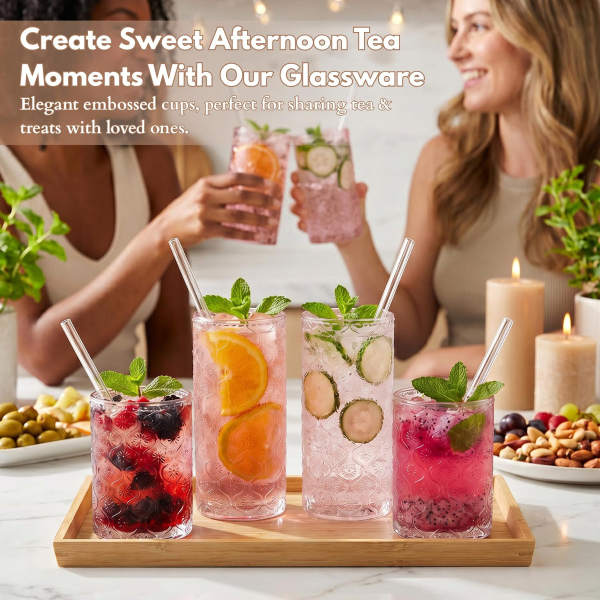 Pink Floral Embossed 12 Oz Highball & 10 Oz Cocktail Glasses Set of 8 with Straws M420268