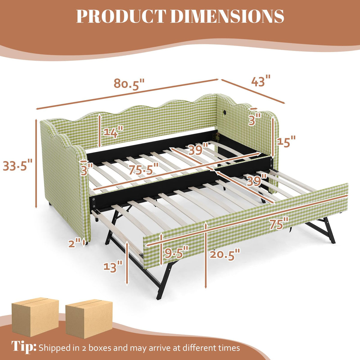 81-inch Twin to King Size Gingham Linen Upholstered Daybed with USB Charging Ports B310847