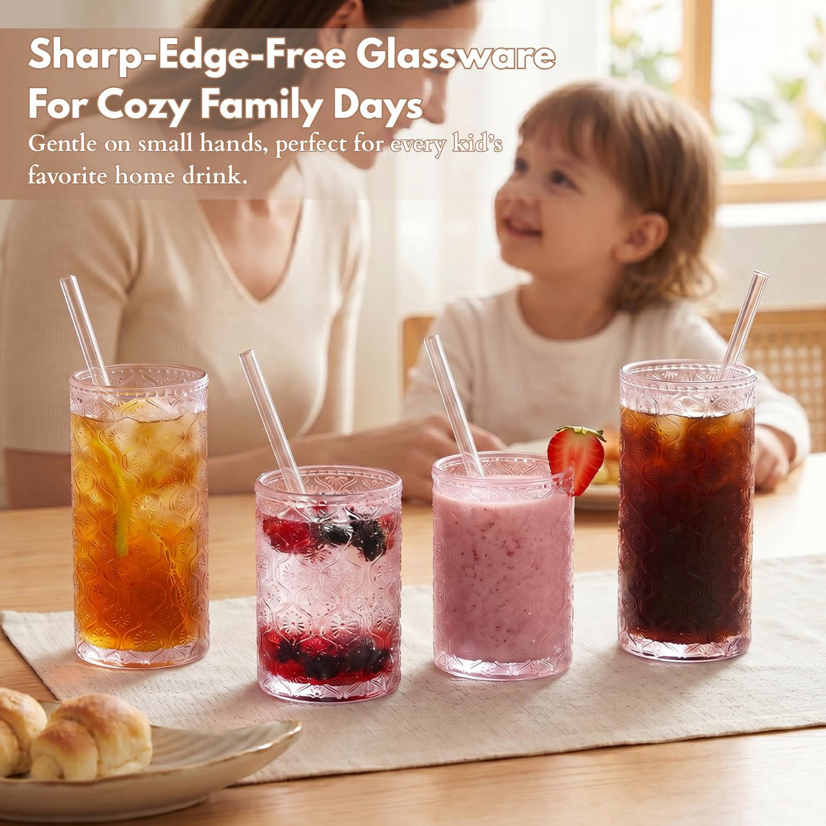 Pink Floral Embossed 12 Oz Highball & 10 Oz Cocktail Glasses Set of 8 with Straws M420268