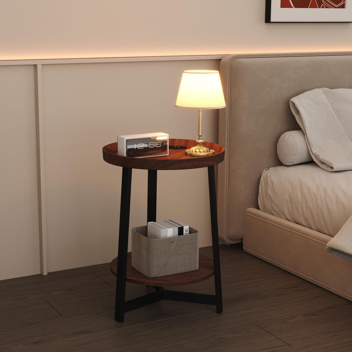 Round Industrial Side Table with Charging Station, 2-Tier Metal Frame E3489