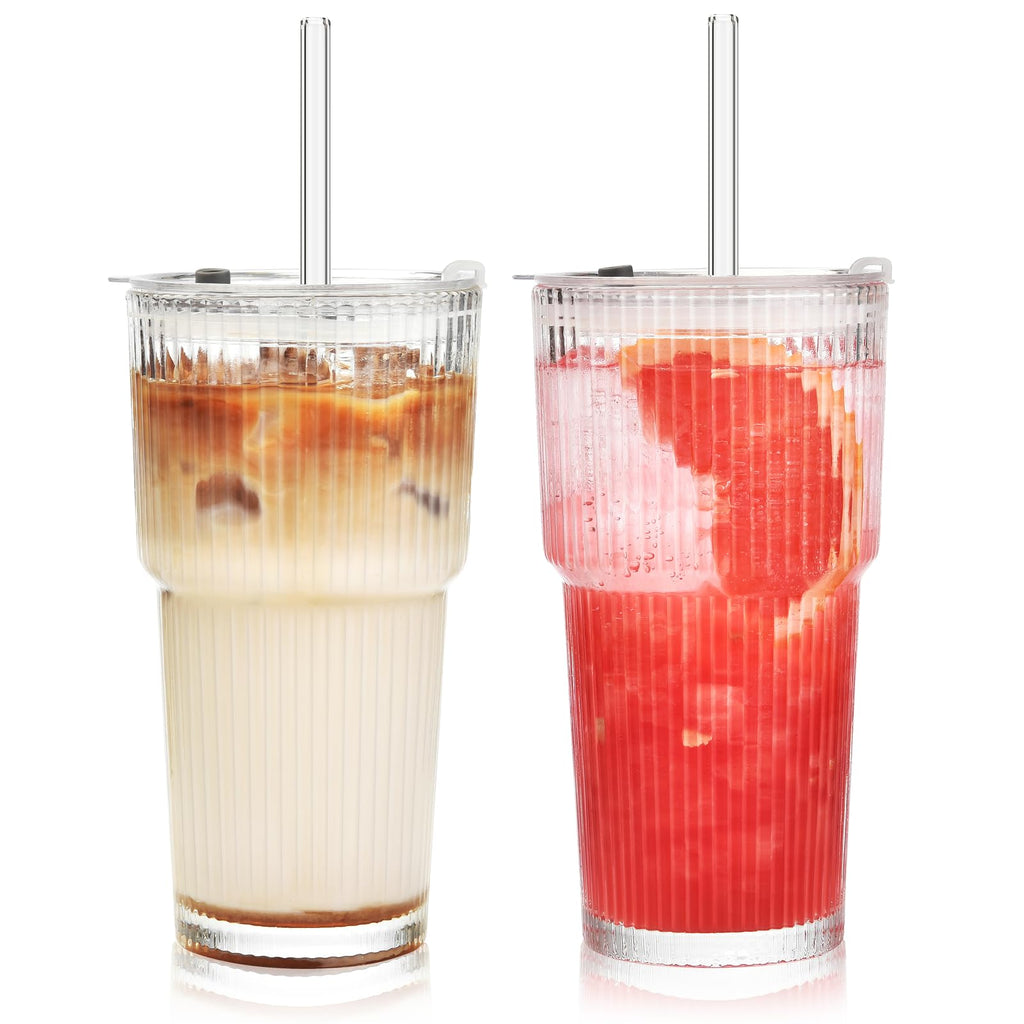 20 oz Ribbed Glass Tumbler with Lids and Straws, Pack of 2 A4844