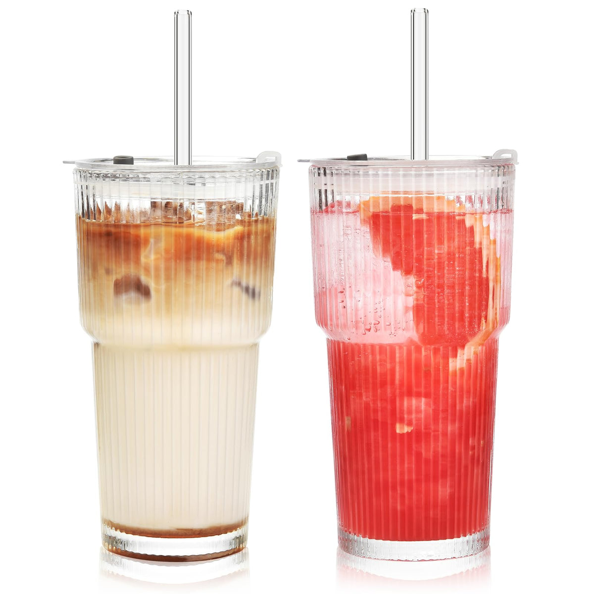 20 oz Ribbed Glass Tumbler with Lids and Straws, Pack of 2 A4844
