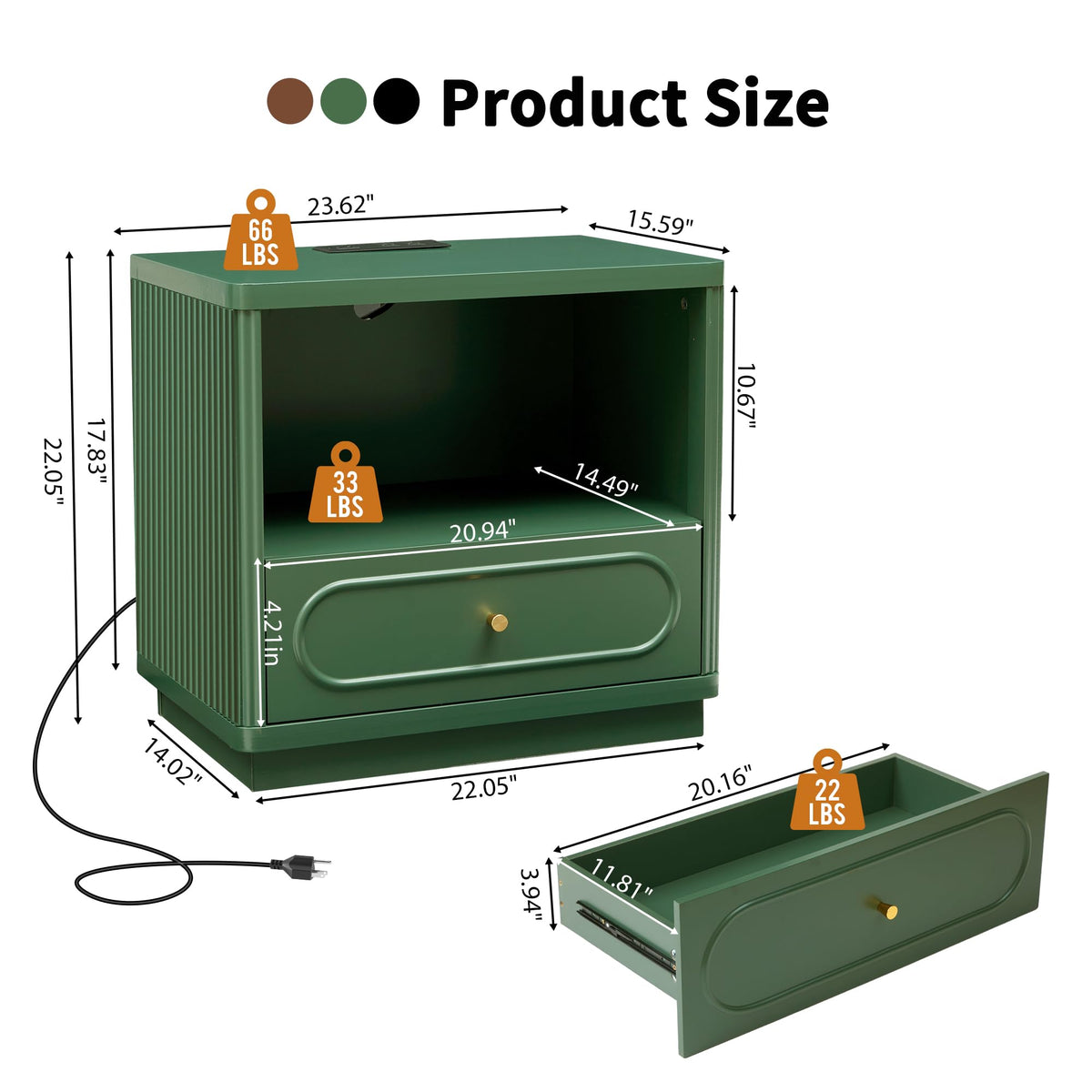 Green Fluted Nightstand Set of 2 with Charging Station E2686