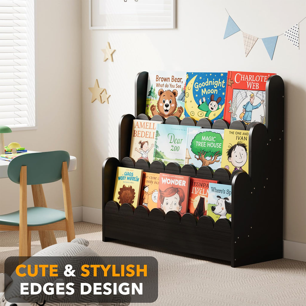 Black 3-Tier Scalloped Wooden Bookshelf O3881