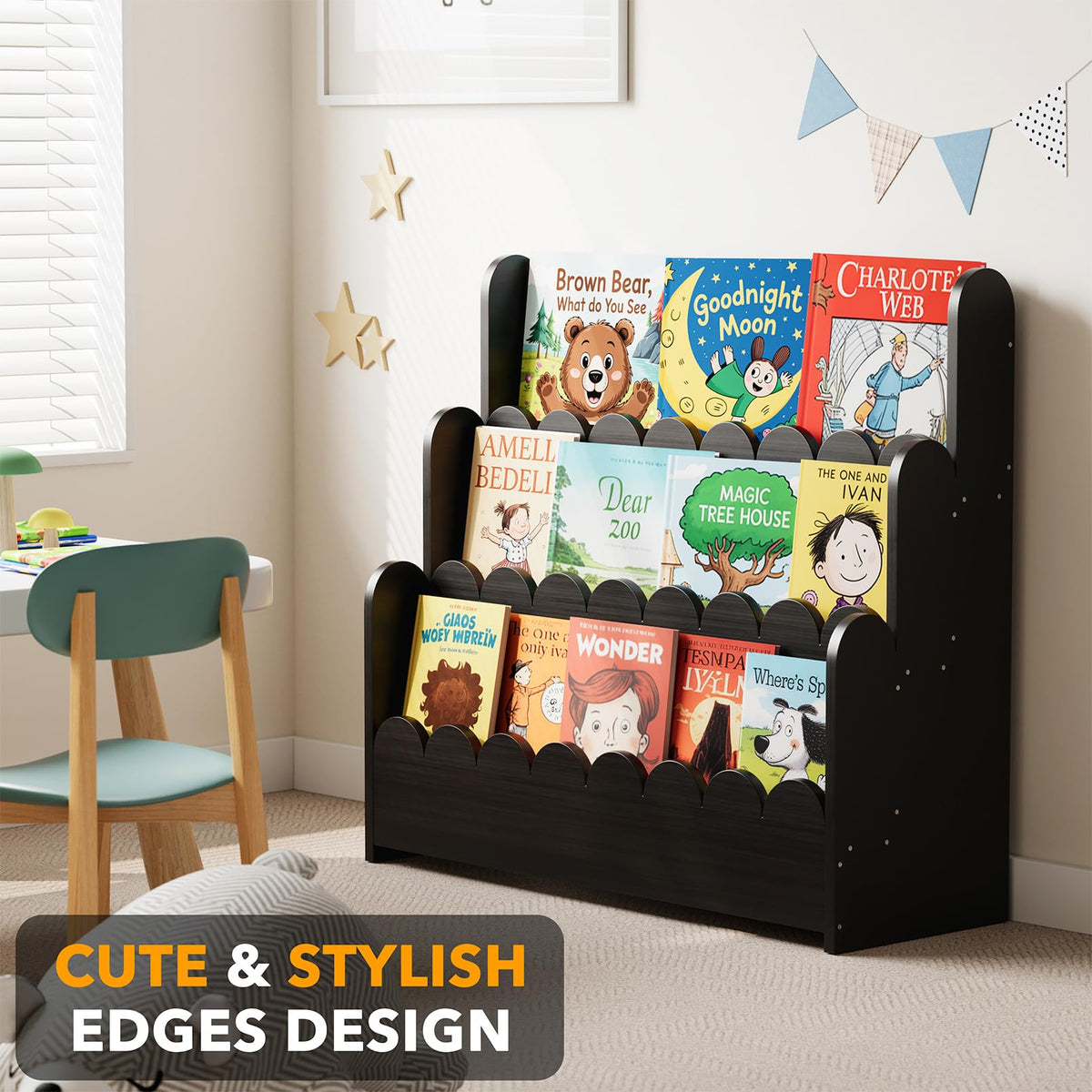 Black 3-Tier Scalloped Wooden Bookshelf O3881