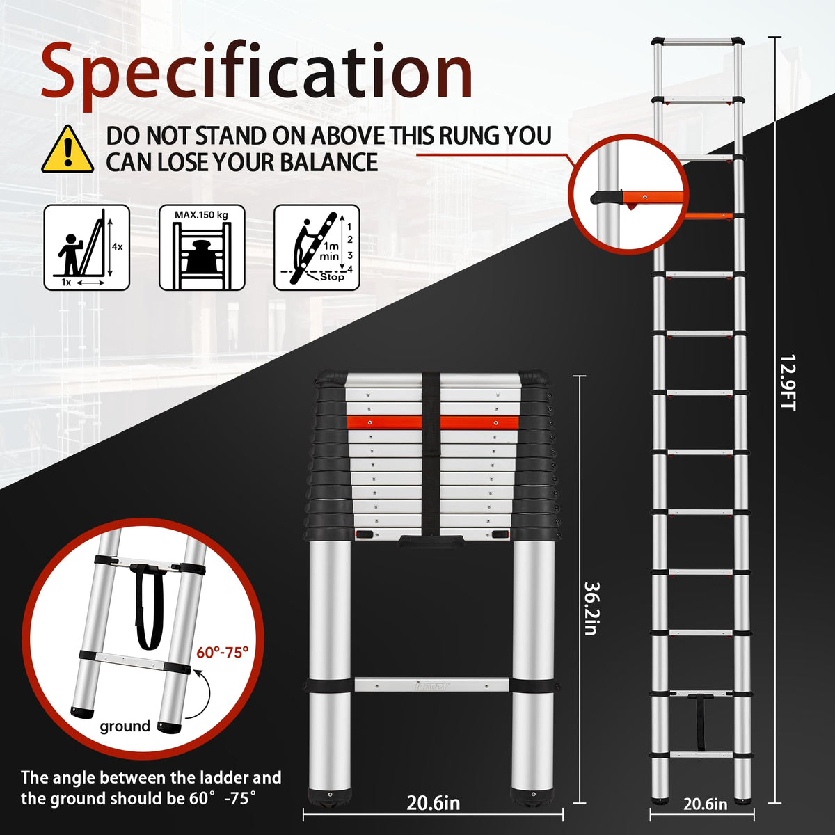 Telescoping Aluminum Ladder 12.9 FT 250lb Capacity R153