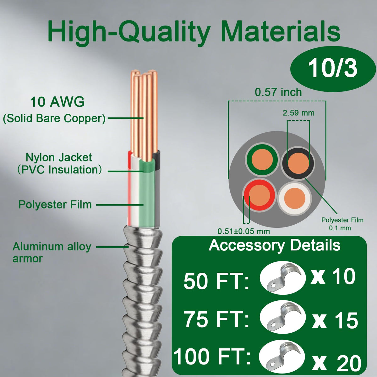10 AWG Metal Clad Cable with Ground 50FT F82903