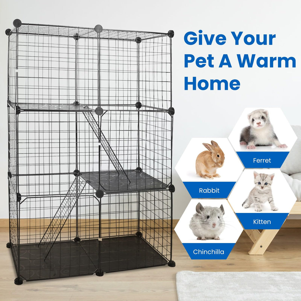 3 Tier Metal Cat Playpen Cage with 3 Doors 2 Ladders Y717046
