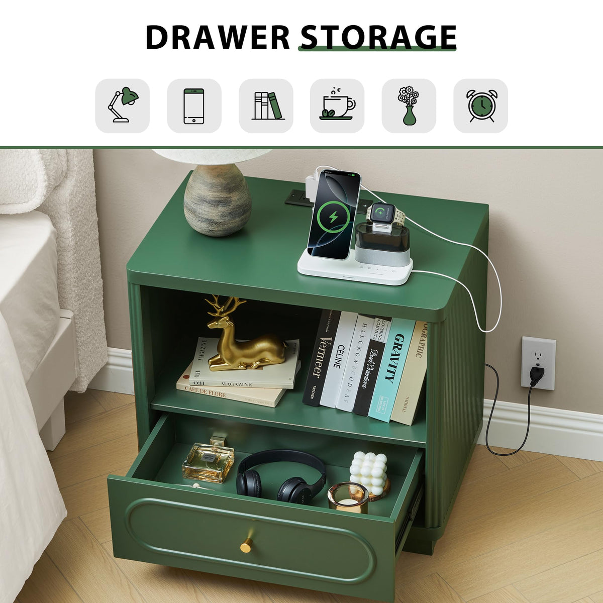 Green Fluted Nightstand Set of 2 with Charging Station E2686