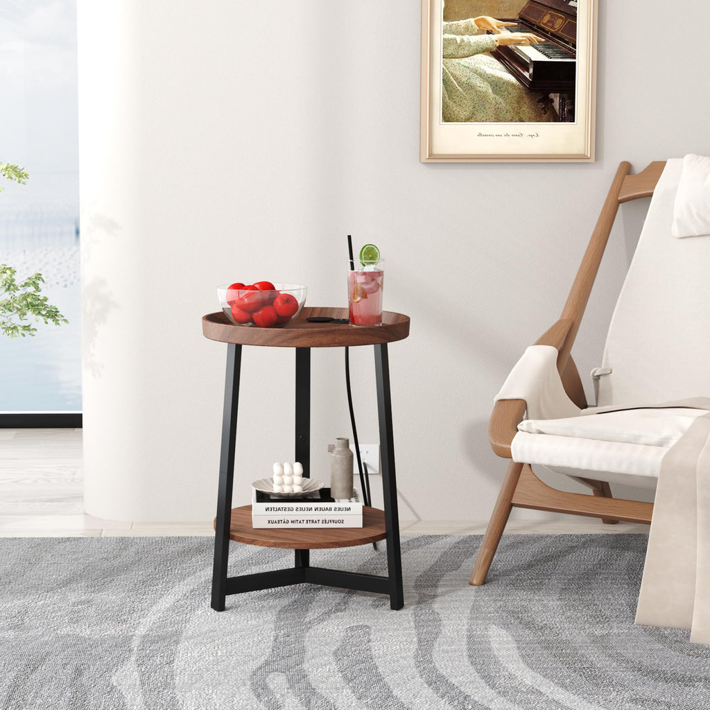 Round Industrial Side Table with Charging Station, 2-Tier Metal Frame E3489