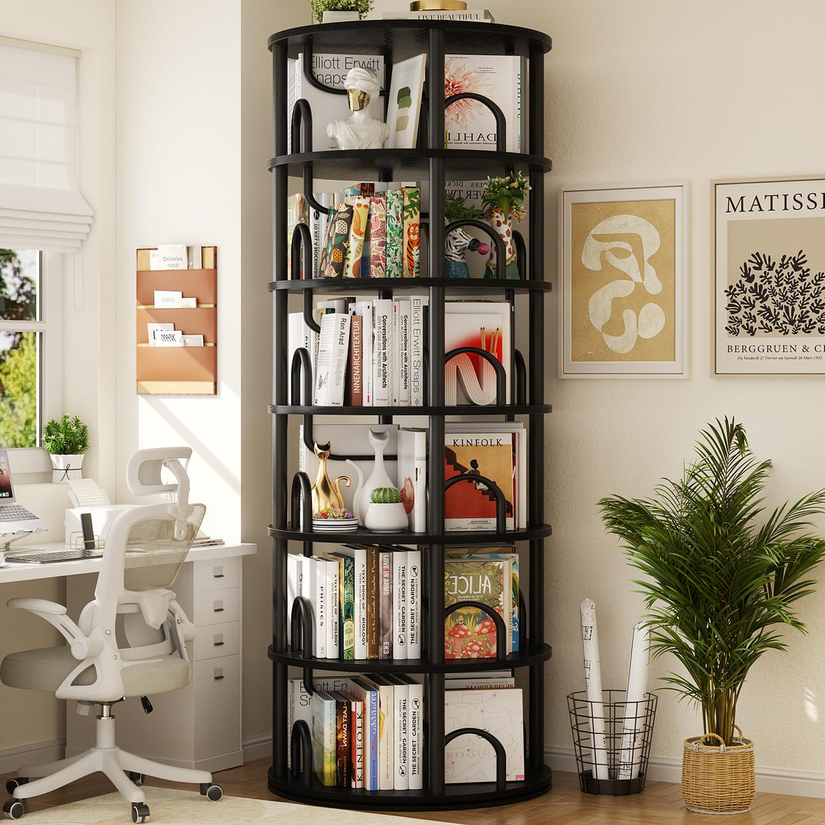 6 Tier Rotating Bookshelf Tower Black Z286582