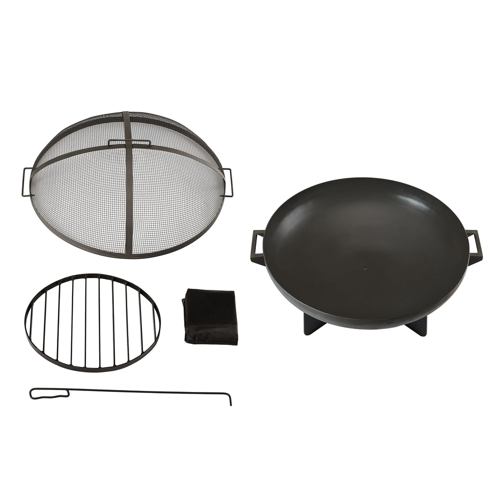 36” Round Wood Burning Steel Fire Pit with Spark Screen, Poker, Log Grate and Storage Cover E4410