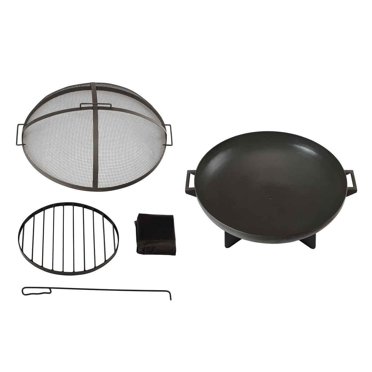 36” Round Wood Burning Steel Fire Pit with Spark Screen, Poker, Log Grate and Storage Cover E4410