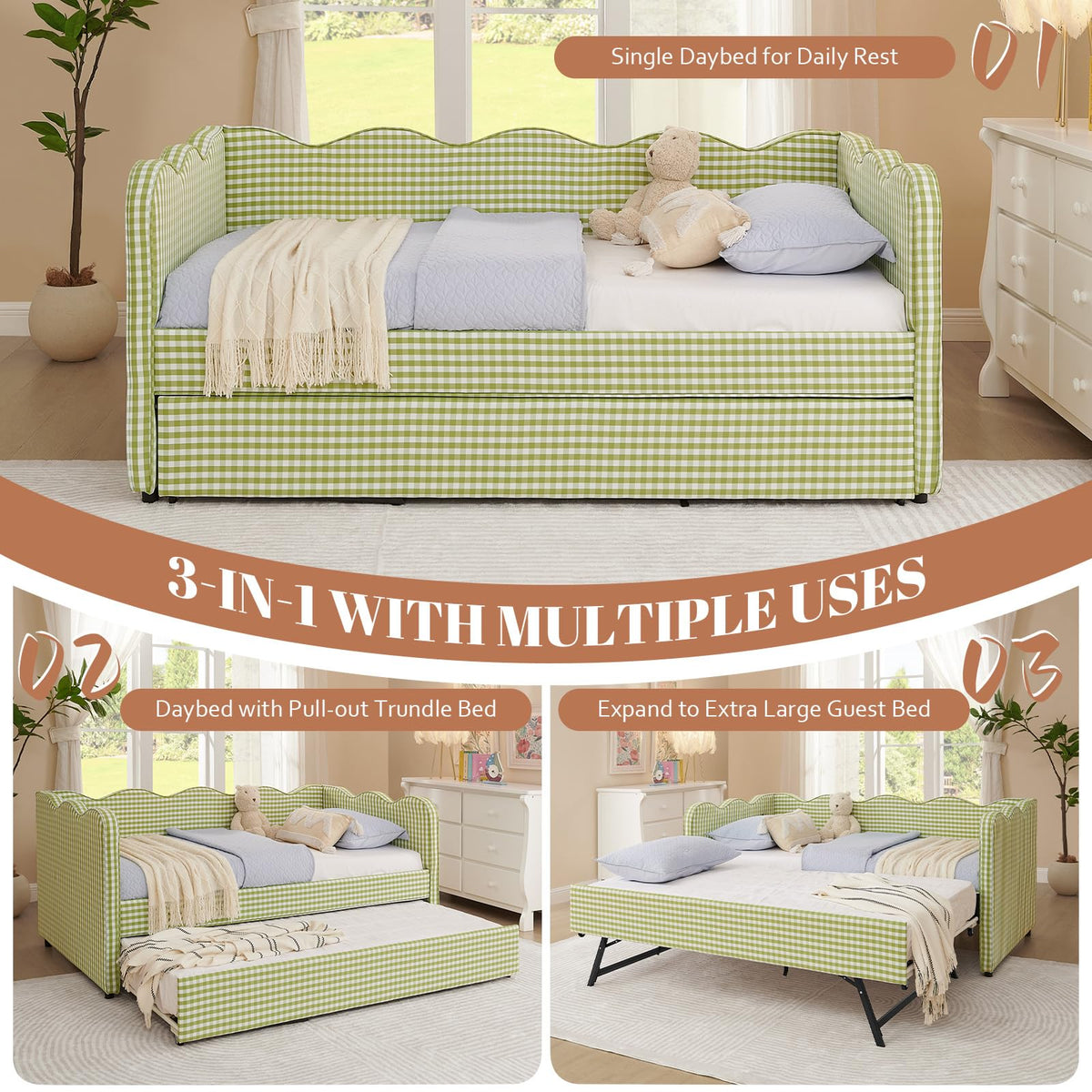 81-inch Twin to King Size Gingham Linen Upholstered Daybed with USB Charging Ports B310847