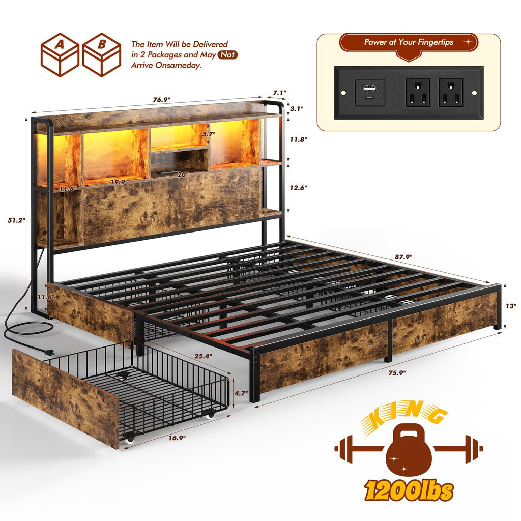 King Size Bed Frame with Storage Headboard & 4 Drawers F406