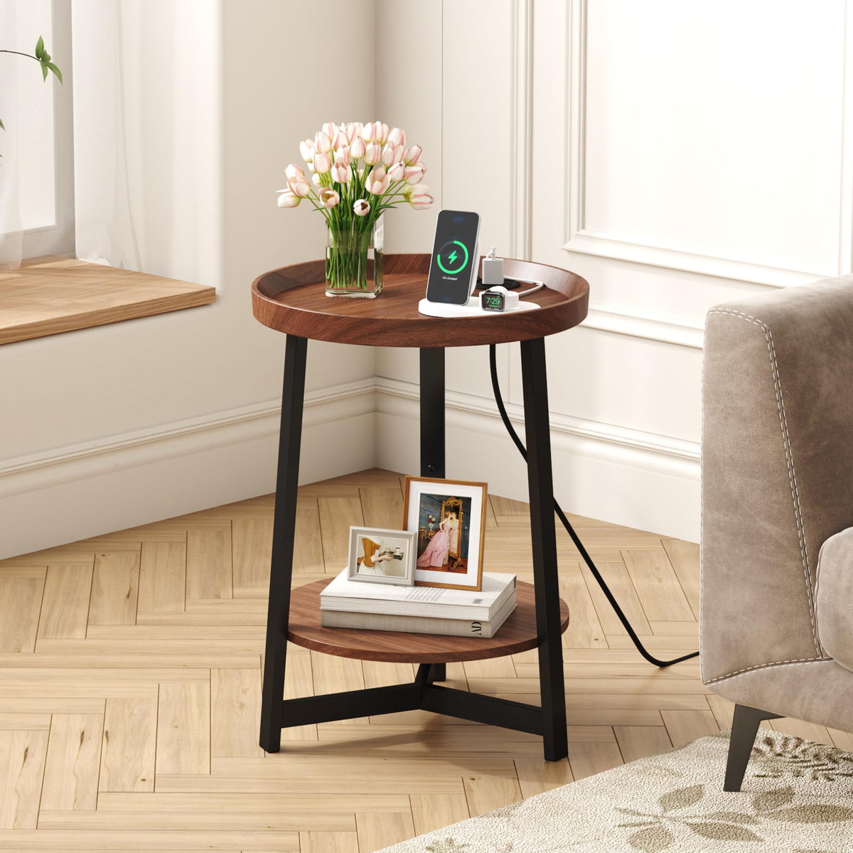 Round Industrial Side Table with Charging Station, 2-Tier Metal Frame E3489