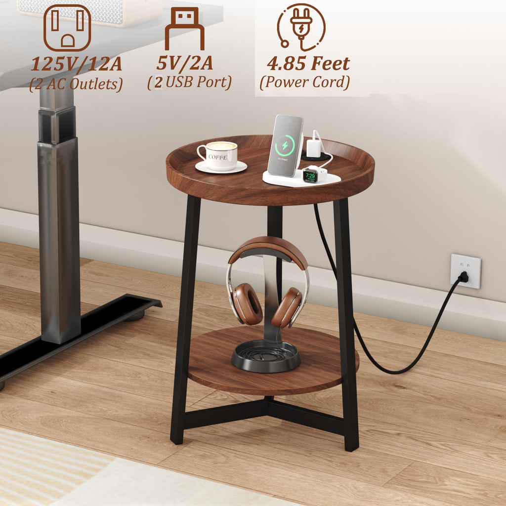 Round Industrial Side Table with Charging Station, 2-Tier Metal Frame E3489