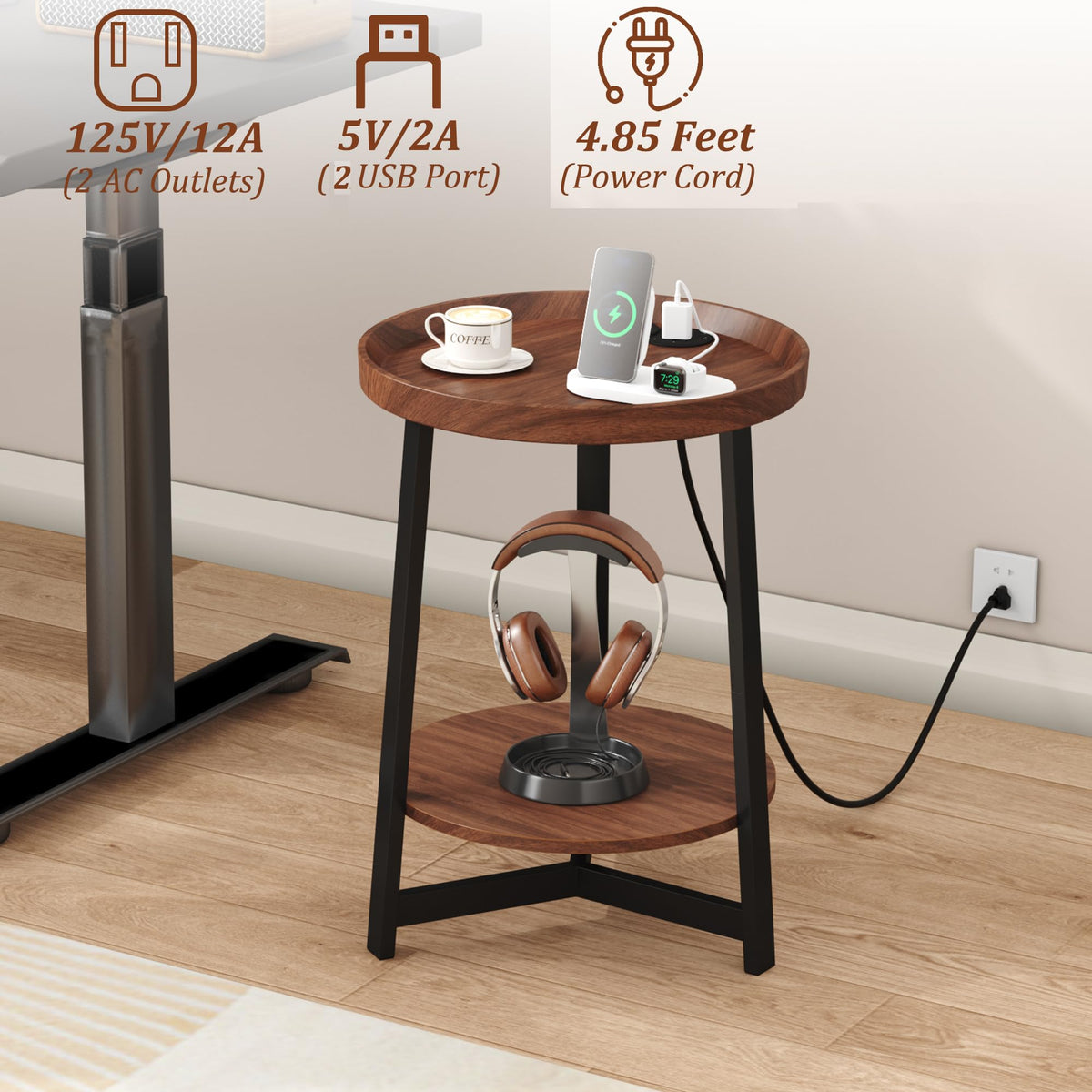 Round Industrial Side Table with Charging Station, 2-Tier Metal Frame E3489
