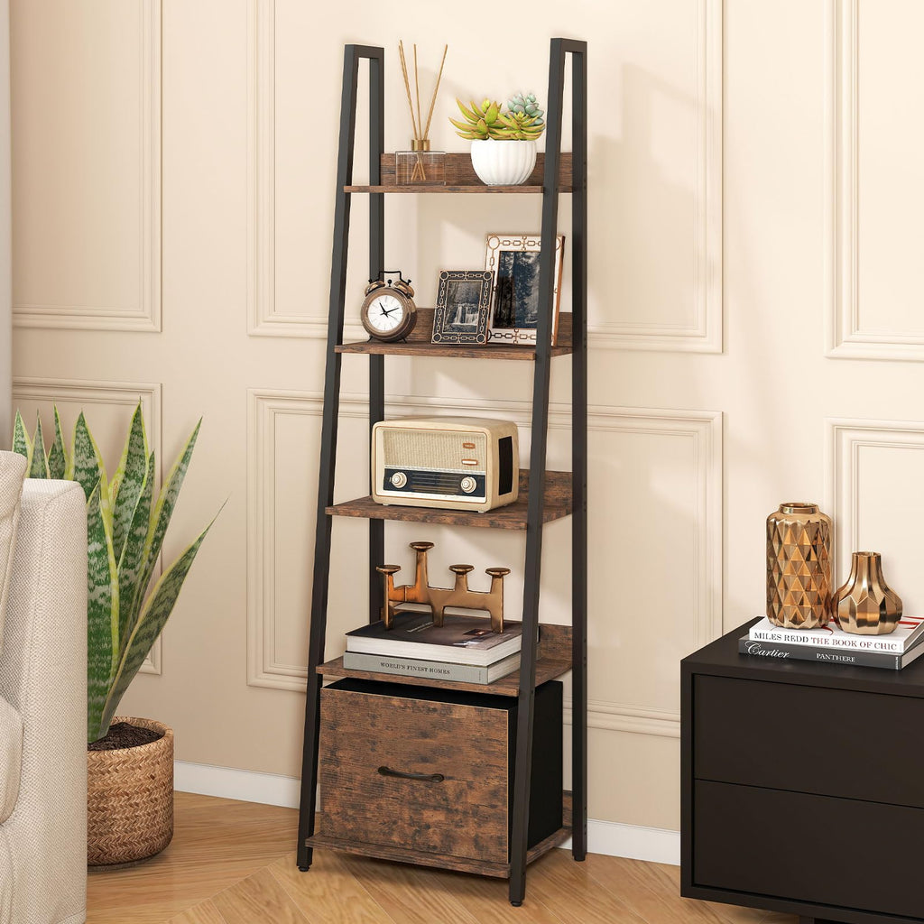 5-Tier Ladder Bookshelf with Fabric Drawer S860