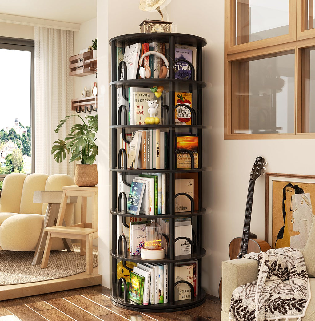 6 Tier Rotating Bookshelf Tower Black Z286582