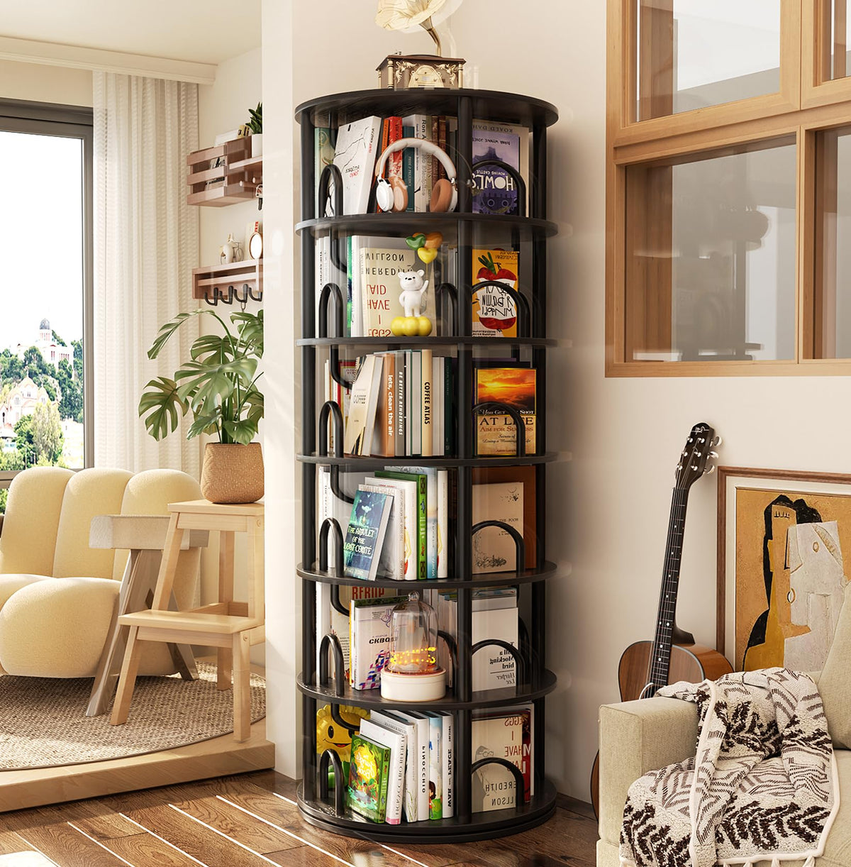 6 Tier Rotating Bookshelf Tower Black Z286582
