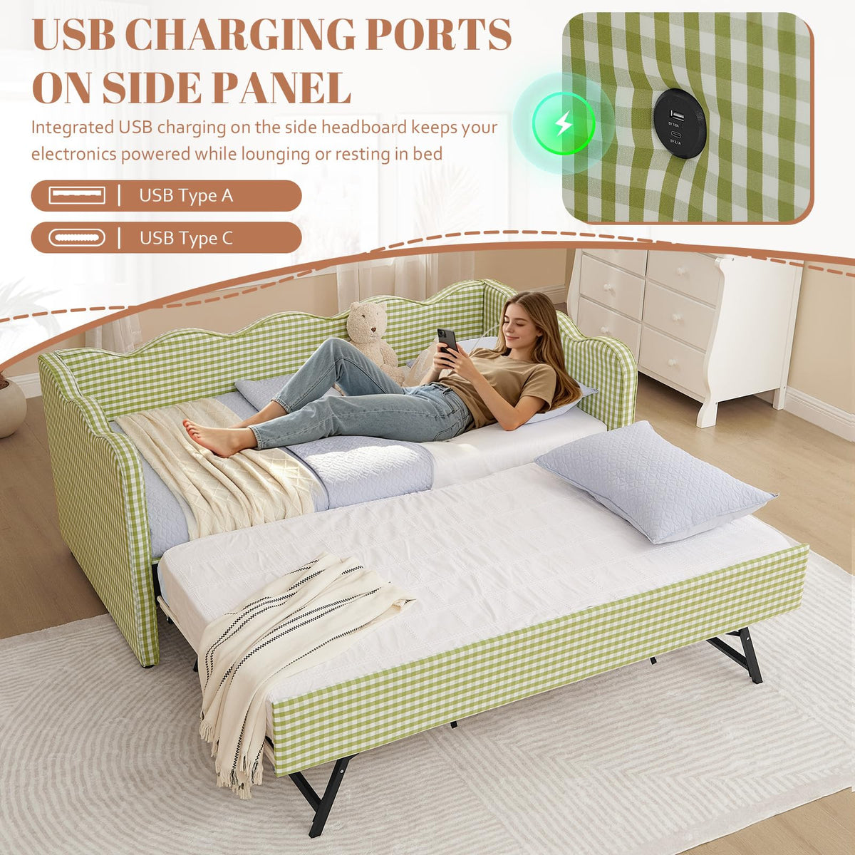 81-inch Twin to King Size Gingham Linen Upholstered Daybed with USB Charging Ports B310847