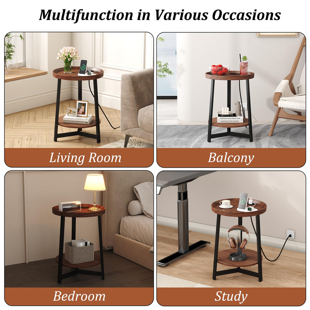Round Industrial Side Table with Charging Station, 2-Tier Metal Frame E3489