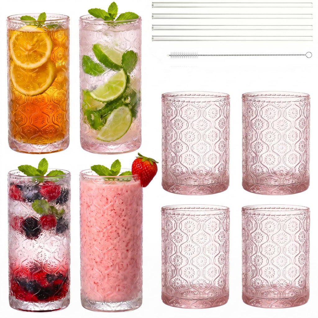 Pink Floral Embossed 12 Oz Highball & 10 Oz Cocktail Glasses Set of 8 with Straws M420268