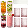 Pink Floral Embossed 12 Oz Highball & 10 Oz Cocktail Glasses Set of 8 with Straws M420268