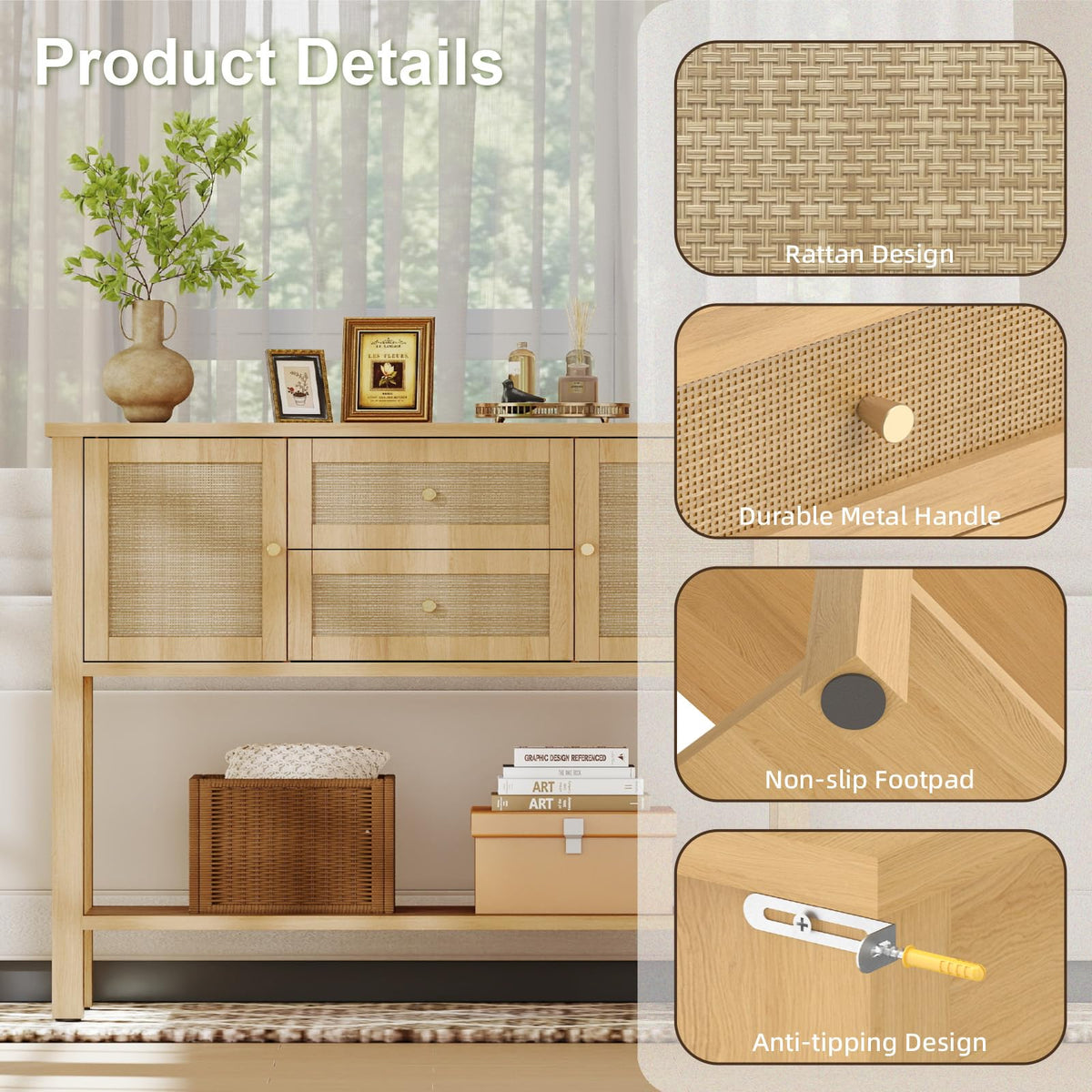 Rattan Console Table with 2 Doors & 2 Drawers T11446