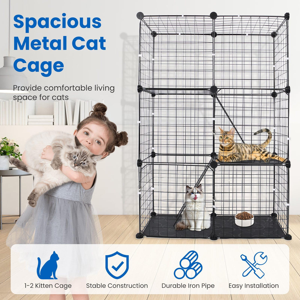 3 Tier Metal Cat Playpen Cage with 3 Doors 2 Ladders Y717046