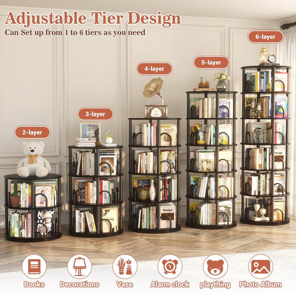 6 Tier Rotating Bookshelf Tower Black Z286582