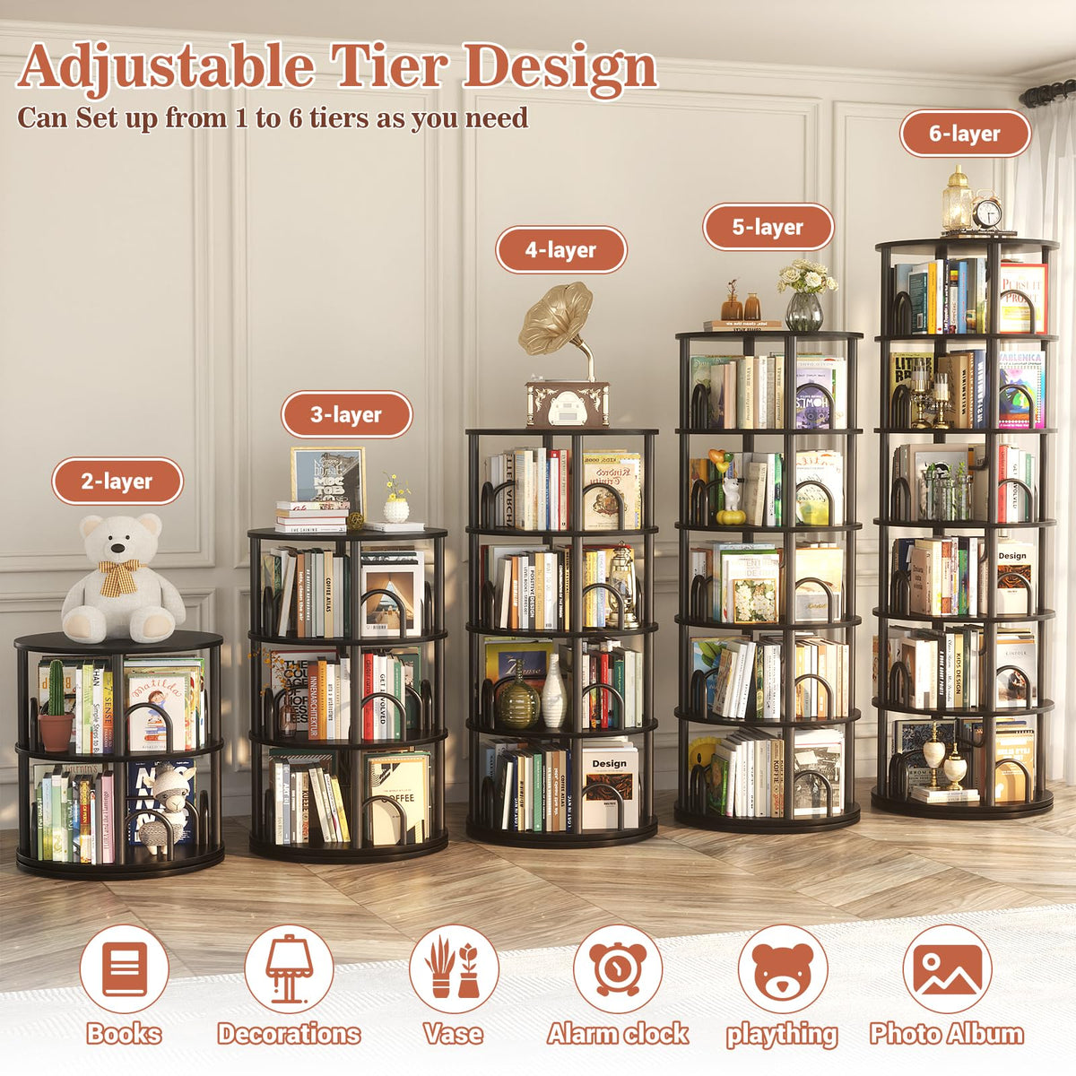 6 Tier Rotating Bookshelf Tower Black Z286582