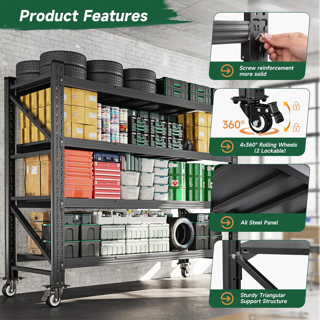 Heavy Duty 4 Tier Metal Storage Shelves with Wheels T435