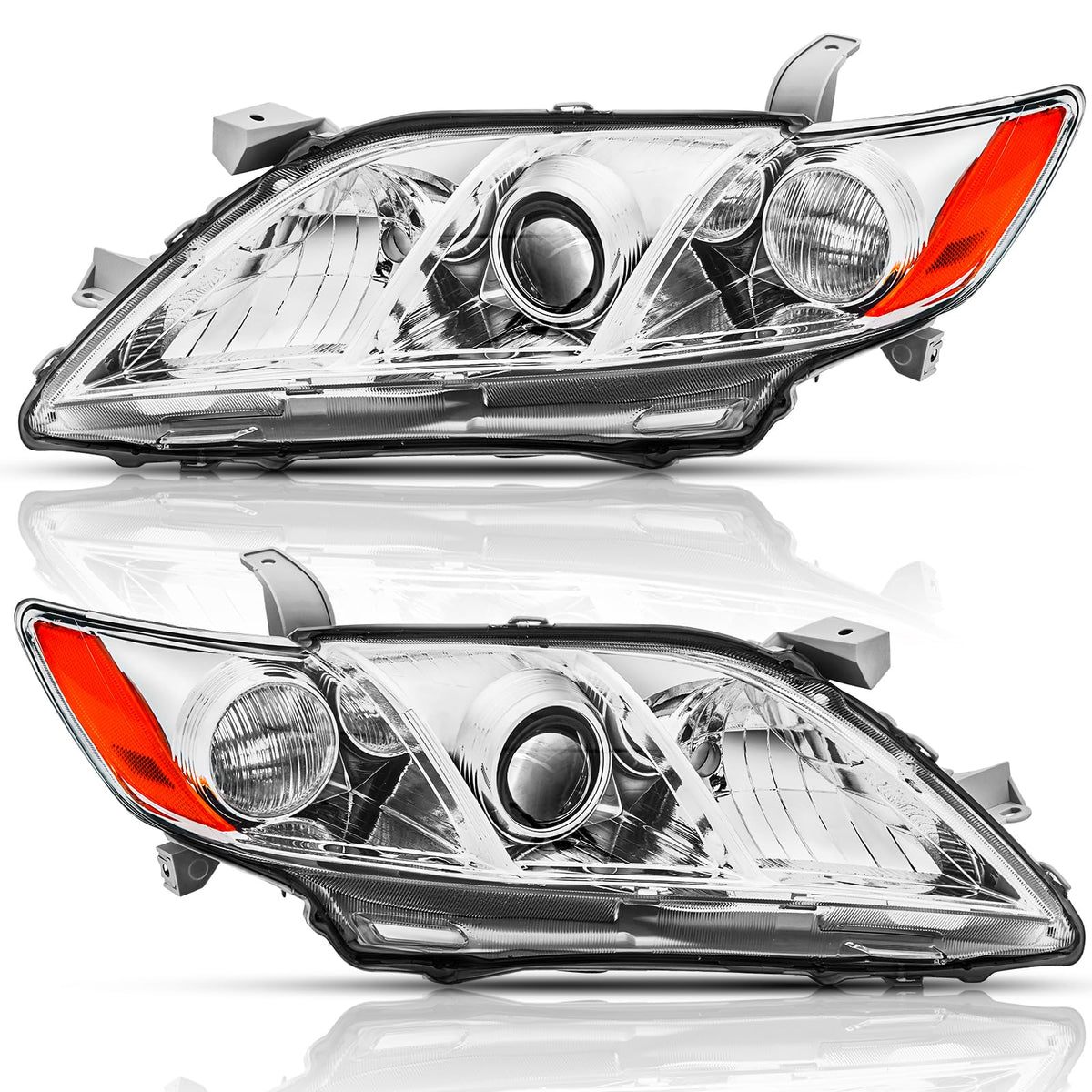 Headlights Assembly Pair Chrome Housing Amber Reflector P905