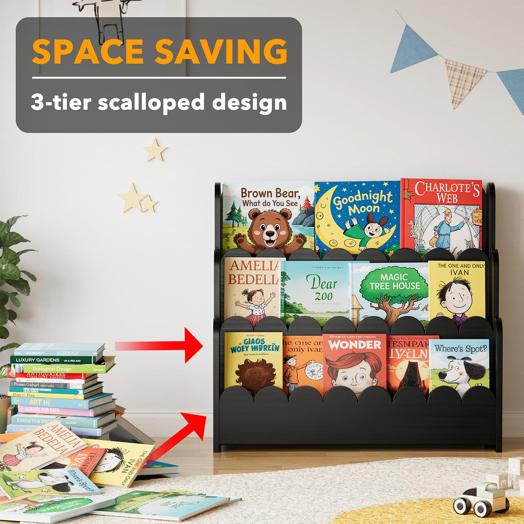Black 3-Tier Scalloped Wooden Bookshelf O3881