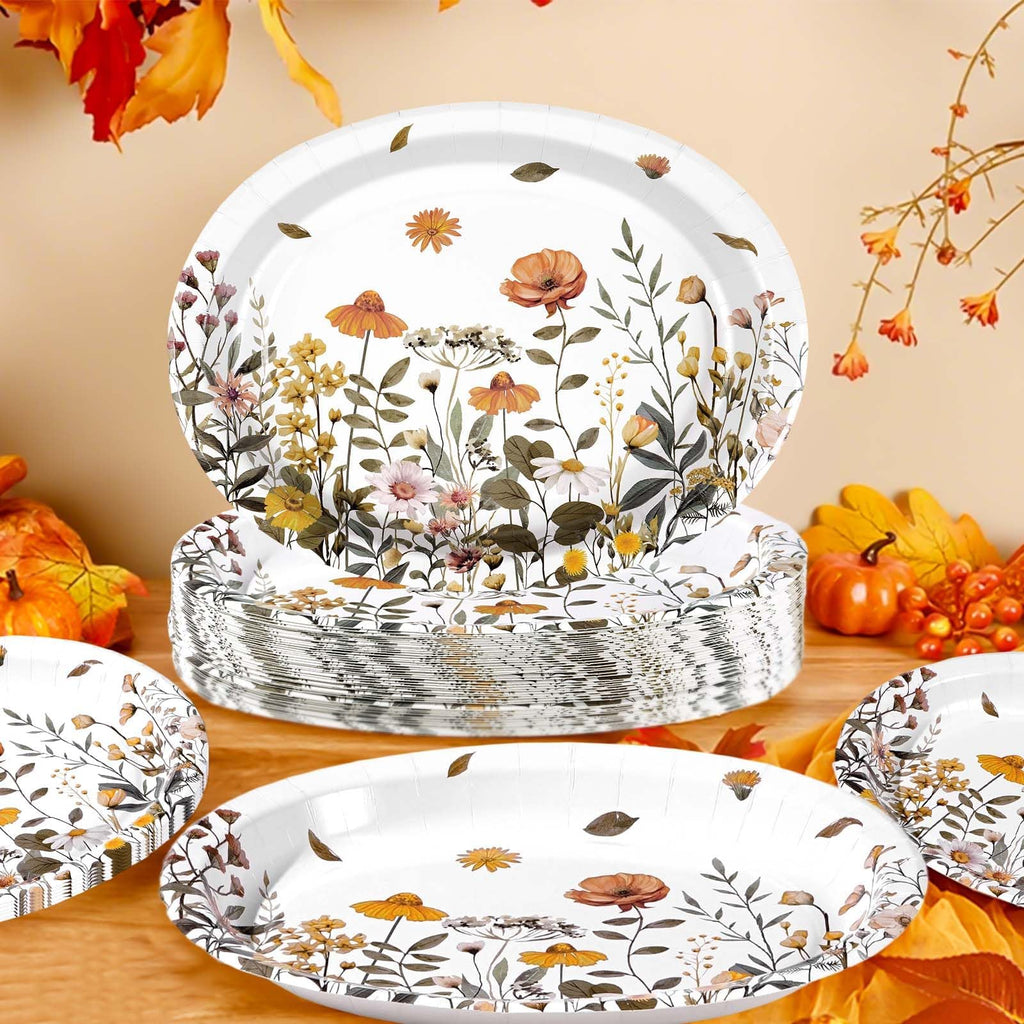 50Pcs Fall Oval Paper Plates 10" x 12" Heavy Duty Disposable Platters Q812