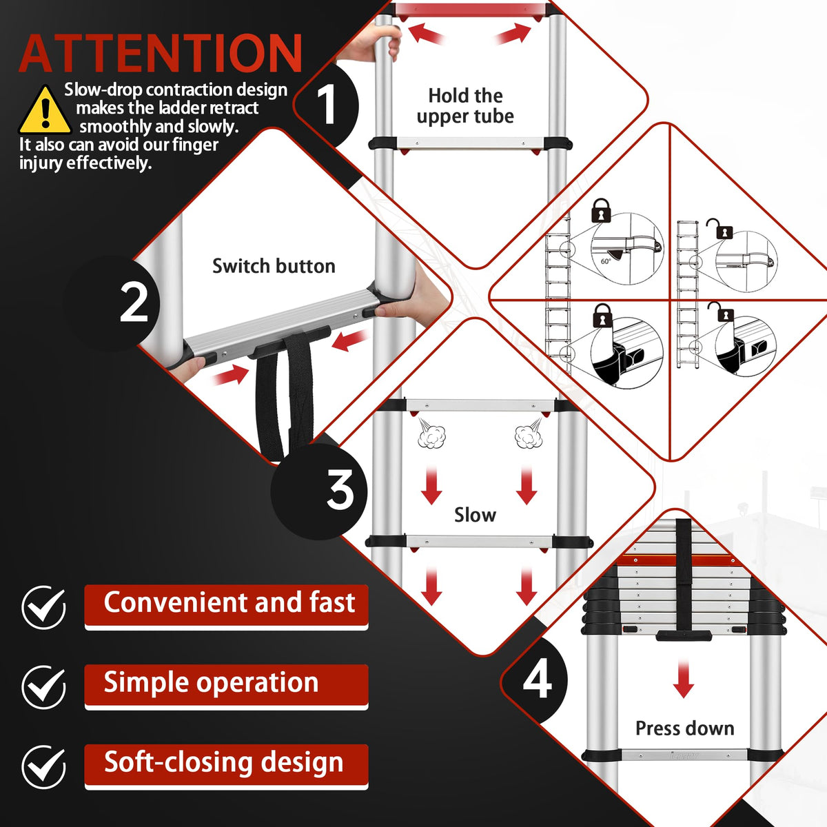 Telescoping Aluminum Ladder 12.9 FT 250lb Capacity R153