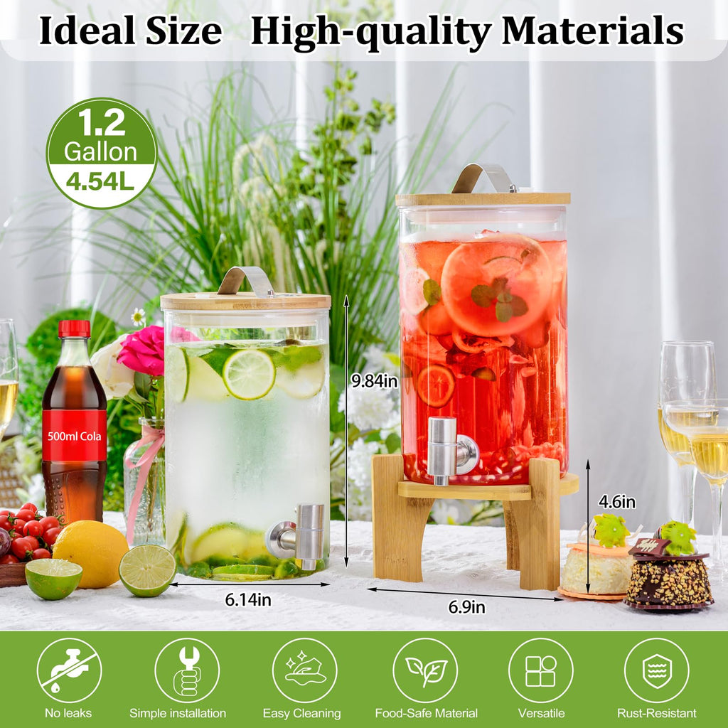 1.2 Gallon Glass Drink Dispenser with Stand and Spigot, 2 Pack E848