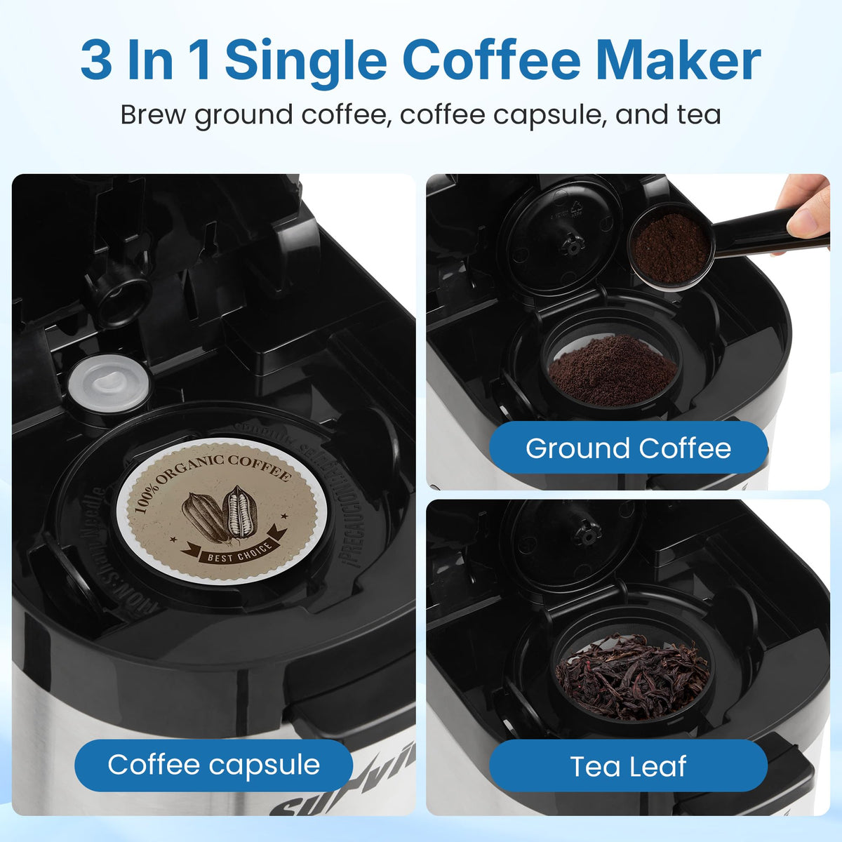 3-in-1 Single Serve Coffee Maker with Removable Water Reservoir, Black Z596408