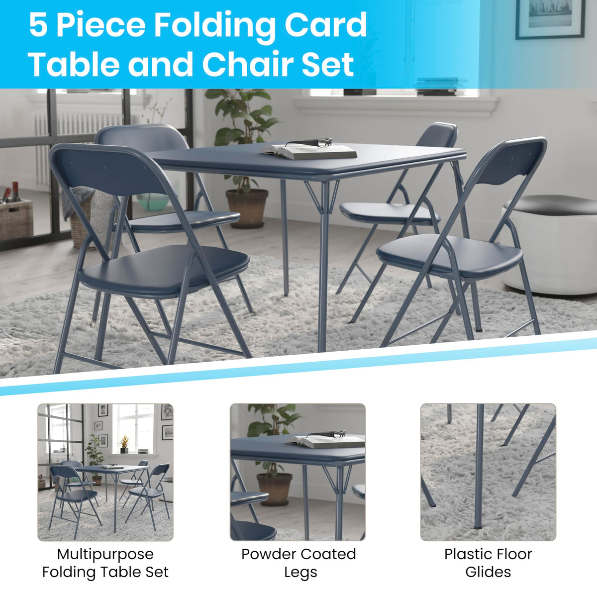 Navy Square Folding Card Table and Chairs Set G1893