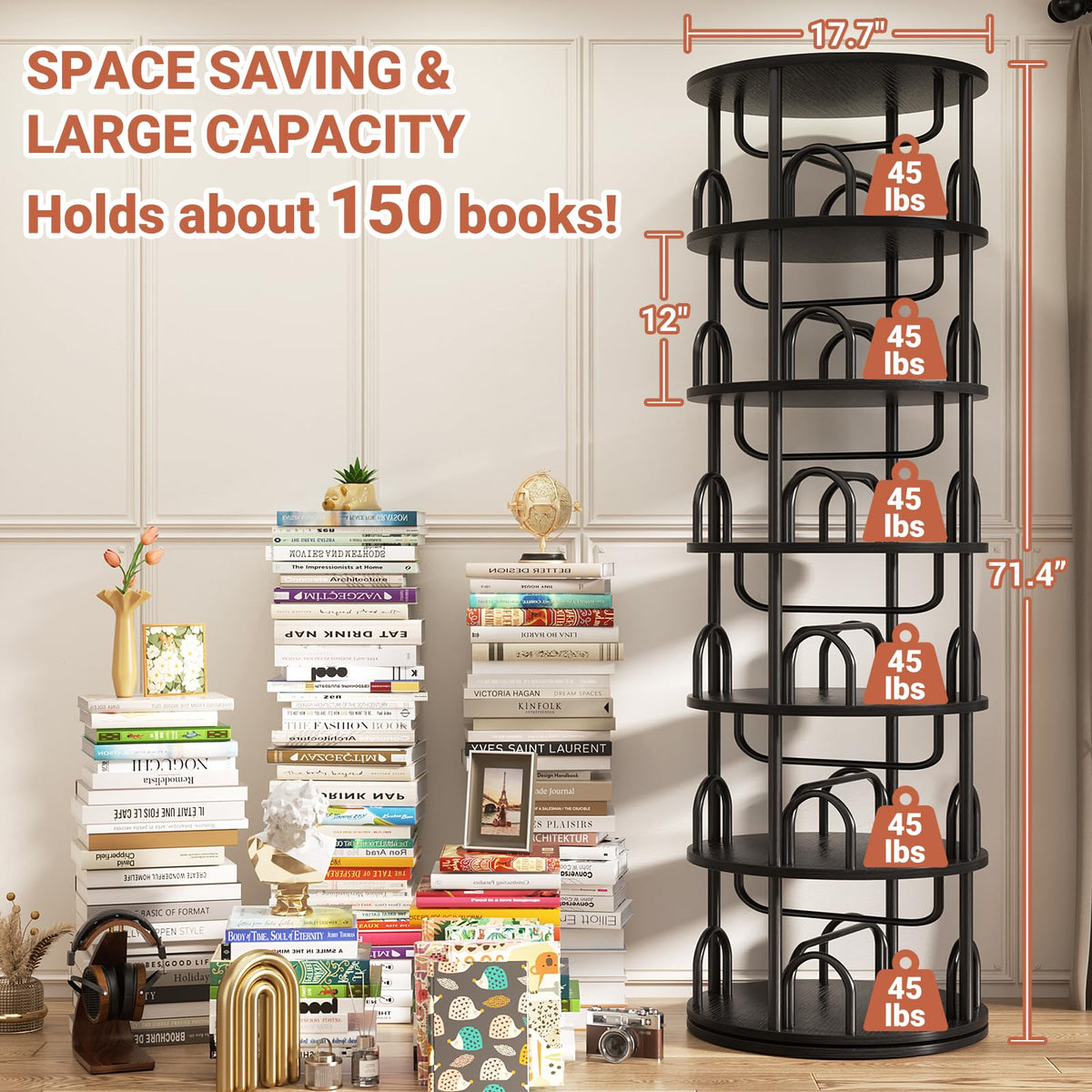6 Tier Rotating Bookshelf Tower Black Z286582
