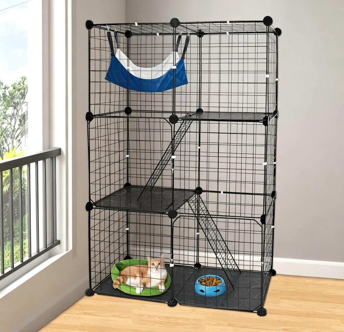 3 Tier Metal Cat Playpen Cage with 3 Doors 2 Ladders Y717046