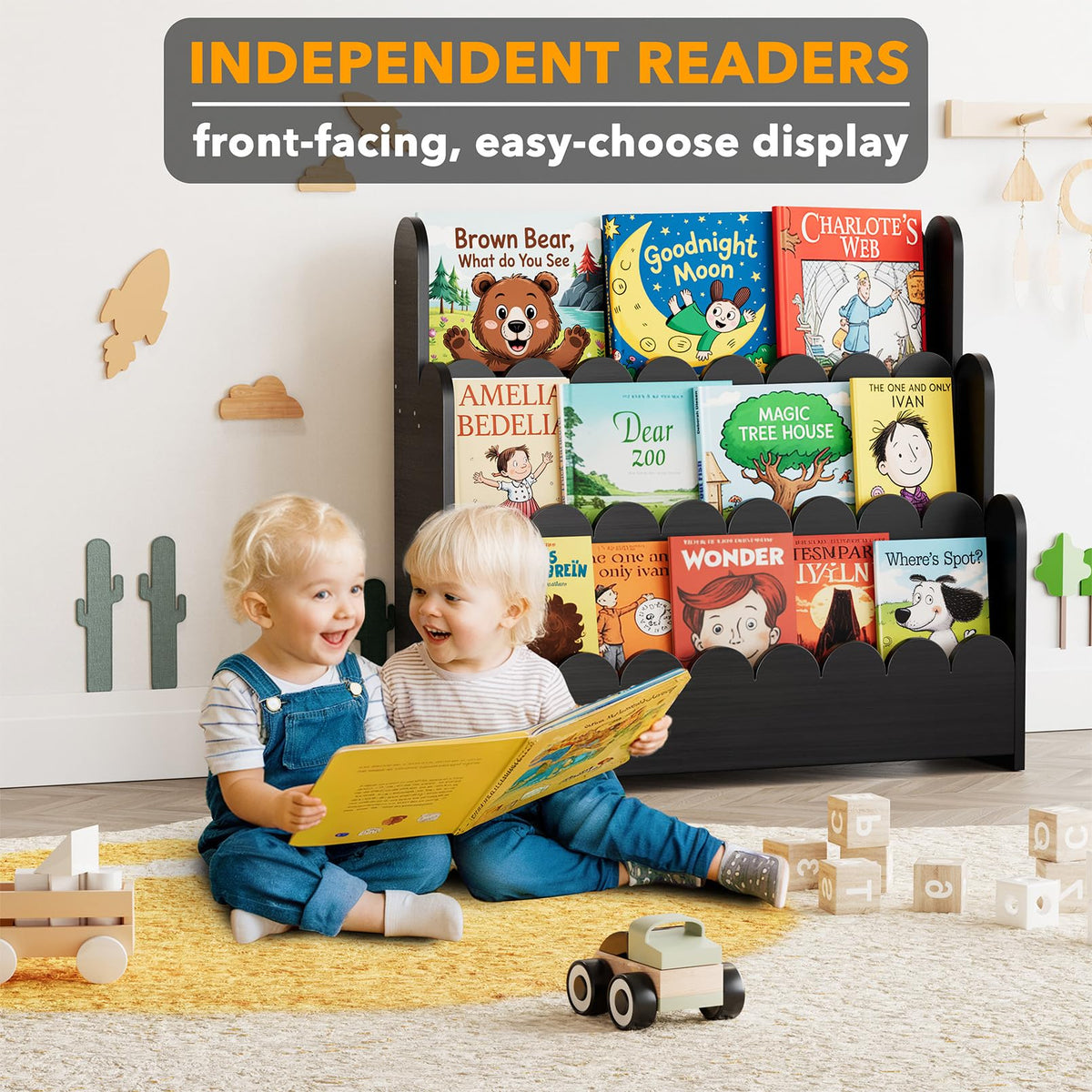 Black 3-Tier Scalloped Wooden Bookshelf O3881